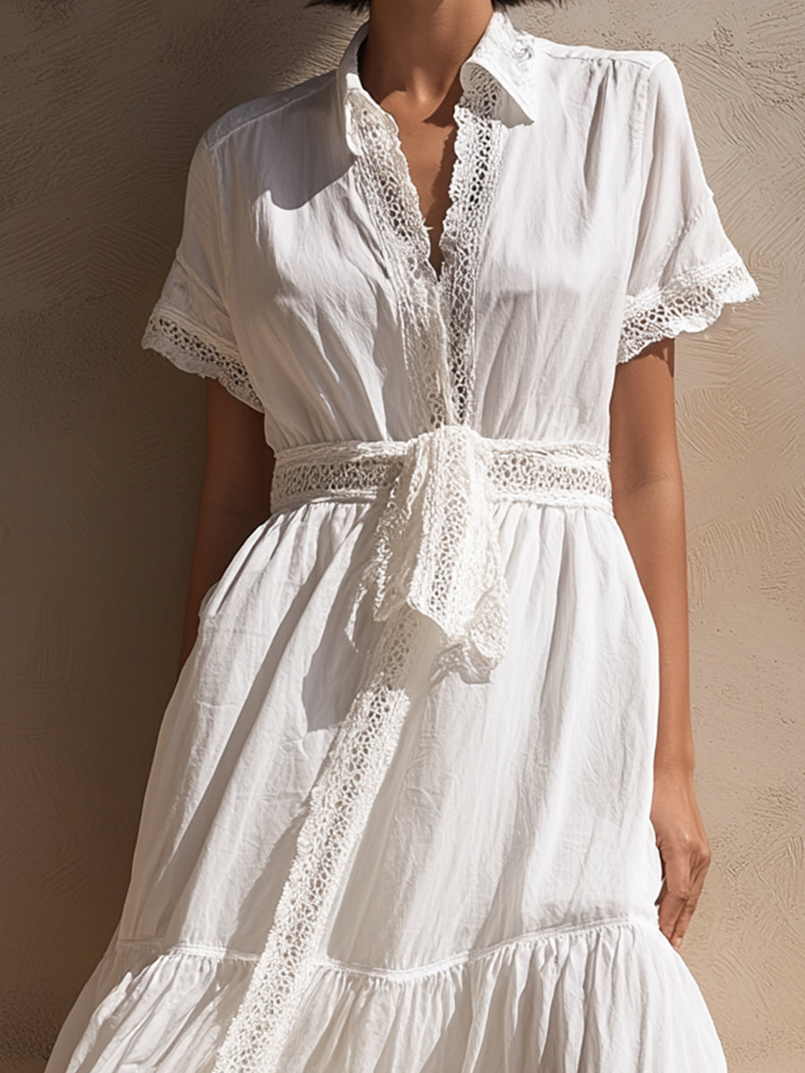 Lace-Trim Tiered Midi Dress