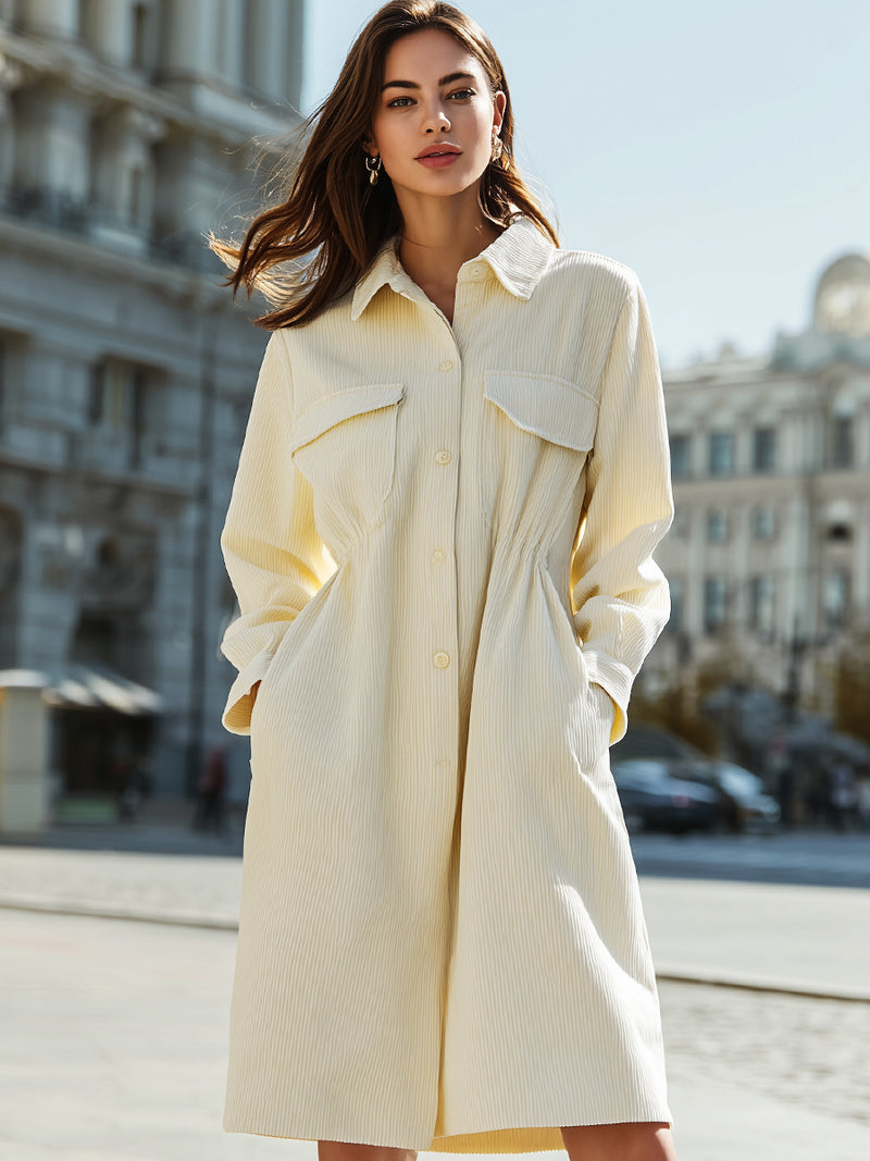 Corduroy Striped Button-Down Shirt Dress With Pockets