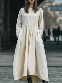 Minimalist Cotton Linen Long-Sleeved Dress With Cinched Waist