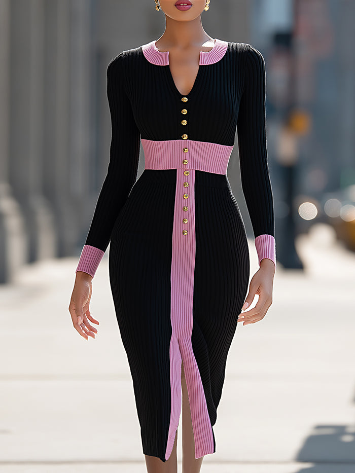Black Ribbed Knit Midi Dress With Pink Contrast Trim
