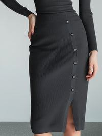 Ribbed Knit Button-Detail Midi Dress