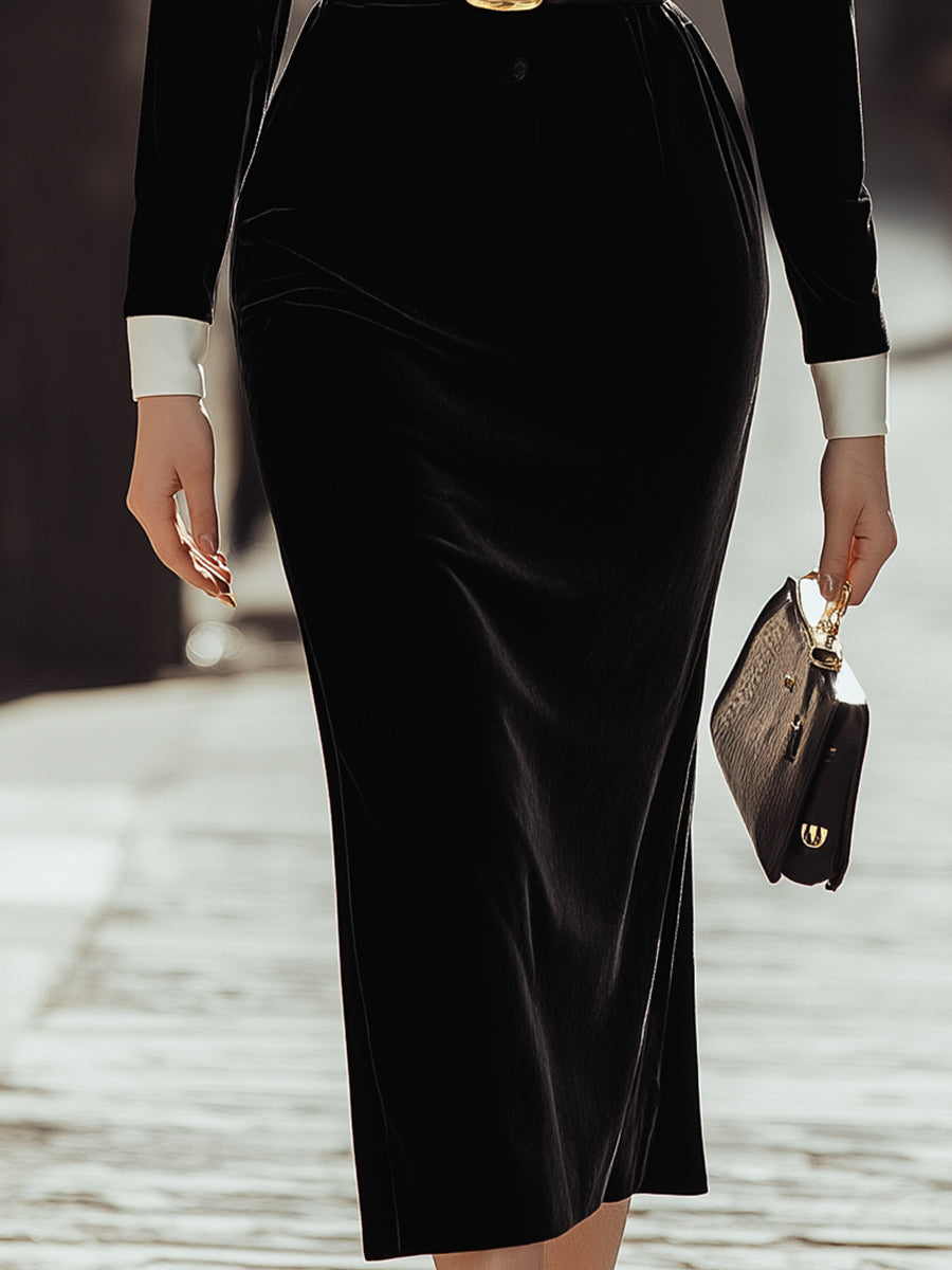 Contrast Collar Velvet Midi Dress