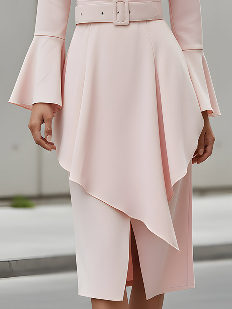 Elegant Pink Belted Asymmetric Hem Dress