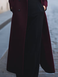 Burgundy Wool-Blend Longline Coat With Contrast Lapels