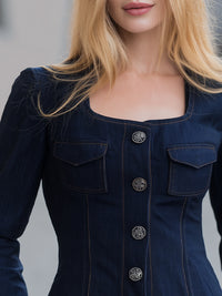 Navy Denim Square-Neck Buttoned Jacket