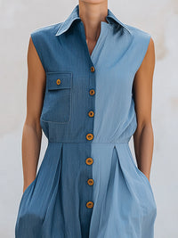 Two-Tone Sleeveless Button-Front Wide-Leg Jumpsuit