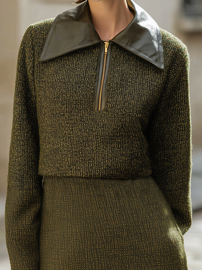 Olive Tweed Skirt Set With Leather Collar Detail