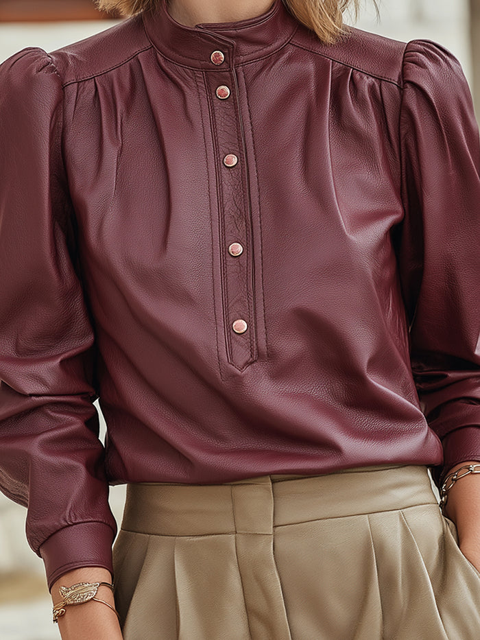 Faux Leather Button-Front Blouse