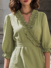 Ruffled V-Neck Waist-Defined Mini Dress In Soft Olive Green