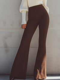 Ivory V-Neck Ribbed Top With Brown Flared Pants Set