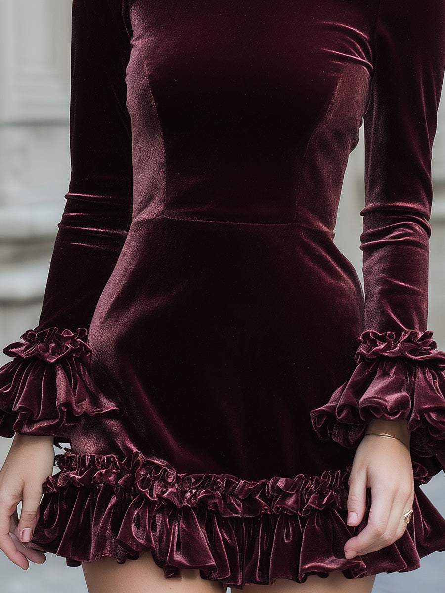 Velvet Ruffle Detail Mini Dress