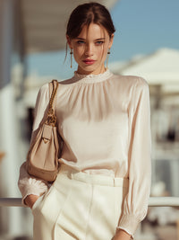 Elegant High-Neck Sheer Long-Sleeve Blouse