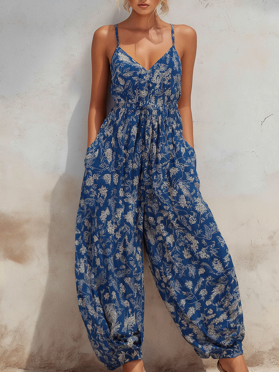 Women’s Boho Floral Print Spaghetti Strap V-Neck Jumpsuit