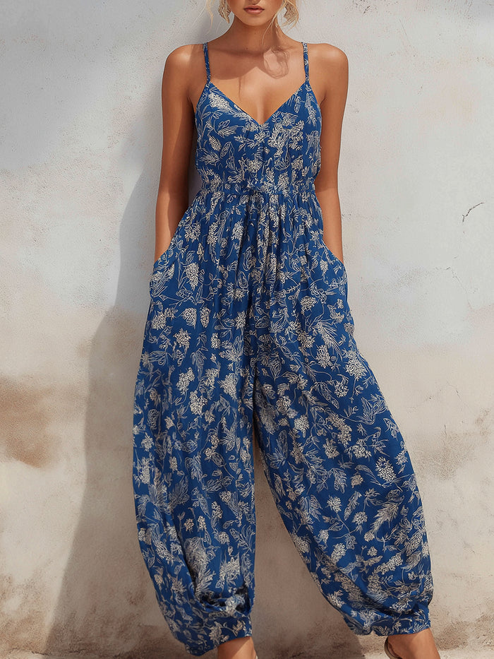 Women’s Boho Floral Print Spaghetti Strap V-Neck Jumpsuit