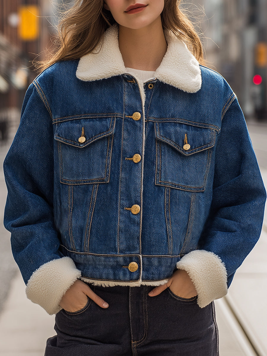 Classic Blue Denim Jacket With Faux Shearling Lining