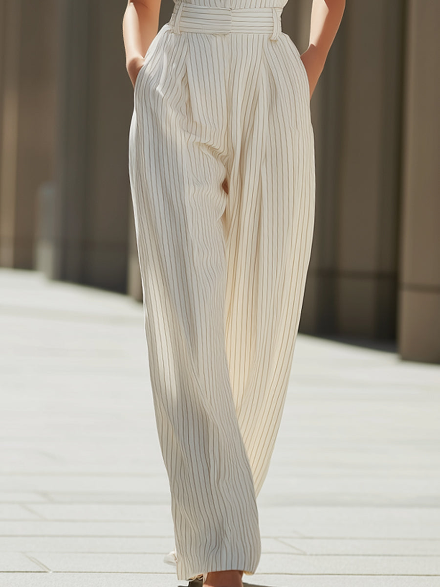 Sweetheart Neck Striped Button-Up Camisole And Wide-Leg Pants Two-Piece Set