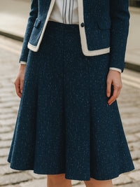 Navy Tweed Skirt Suit With Contrast Trim