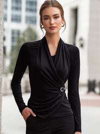Draped Wrap-Neck Long Sleeve Top