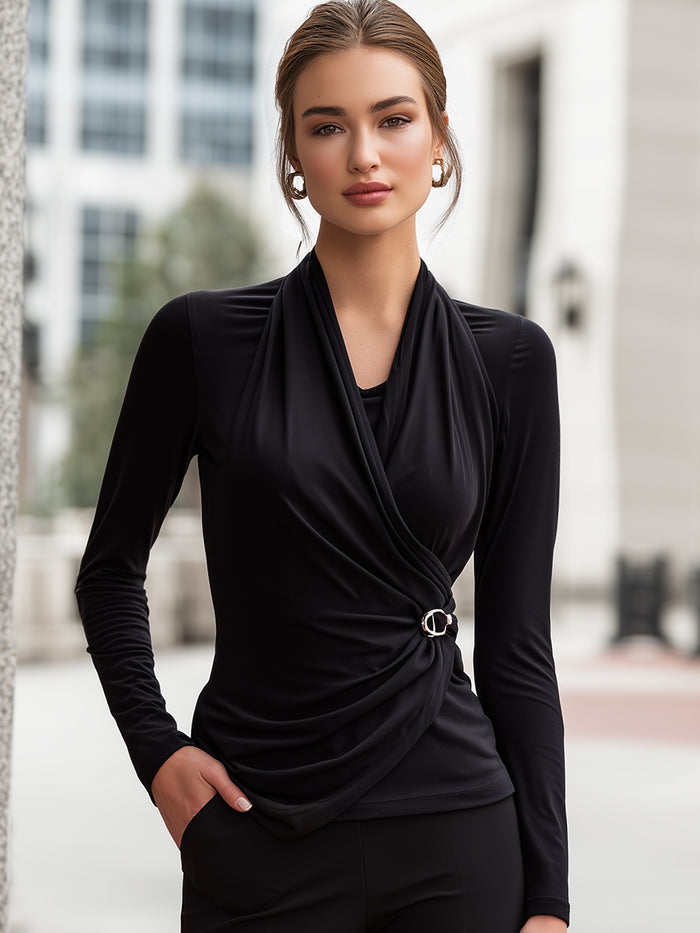 Draped Wrap-Neck Long Sleeve Top