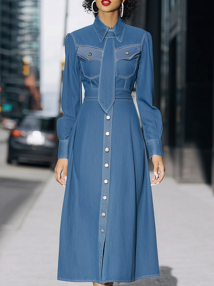 Denim Midi Shirt Dress With Structured Tie Detail
