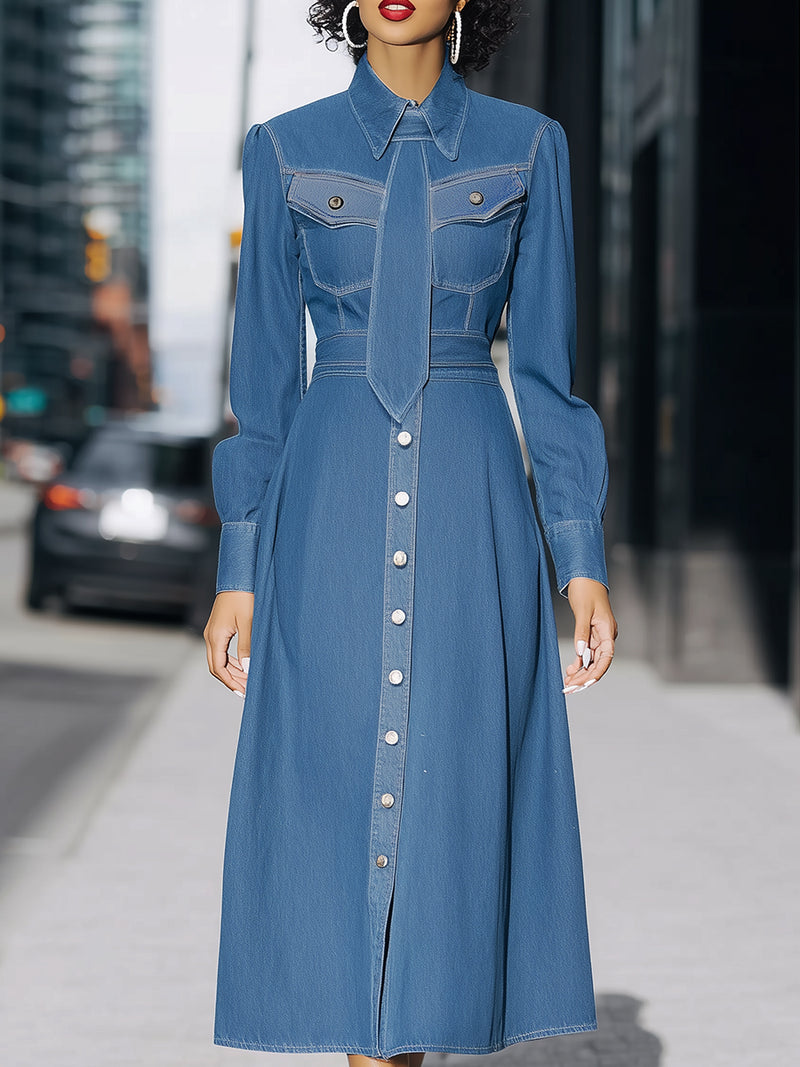 Denim Midi Shirt Dress With Structured Tie Detail