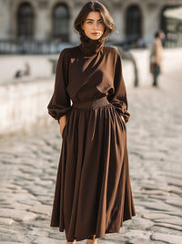 High-Neck Long-Sleeve Midi Dress
