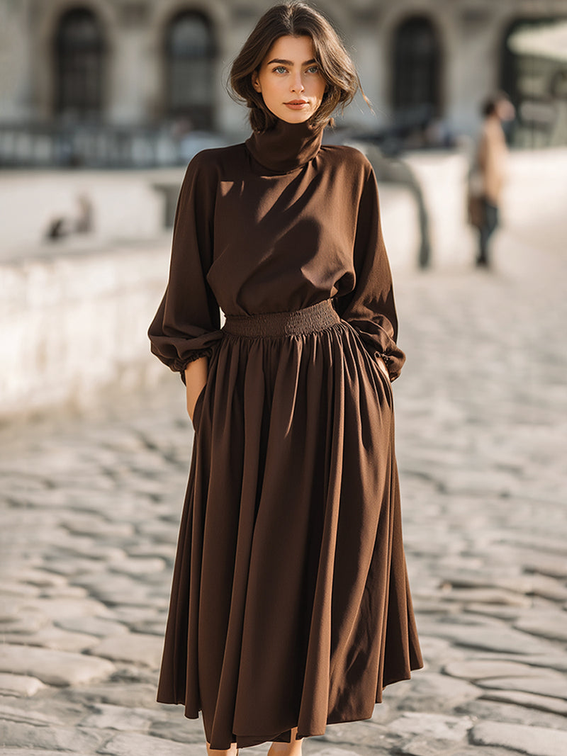 High-Neck Long-Sleeve Midi Dress