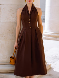 Halter Neck Button-Front Midi Dress