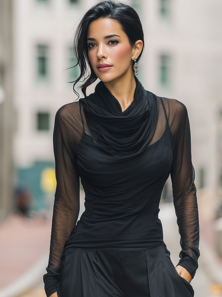Sheer Draped Mesh Long-Sleeve Top
