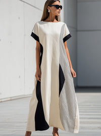 Color-blocked Short-sleeved Square-neck Slim A-line Midi Dress