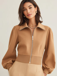 Camel Puff-Sleeve Zip-Up Jacket