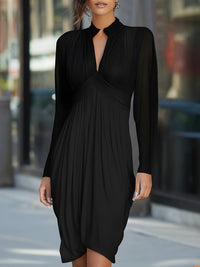 Elegant Pleated V-Neck Long Sleeve Midi Dress