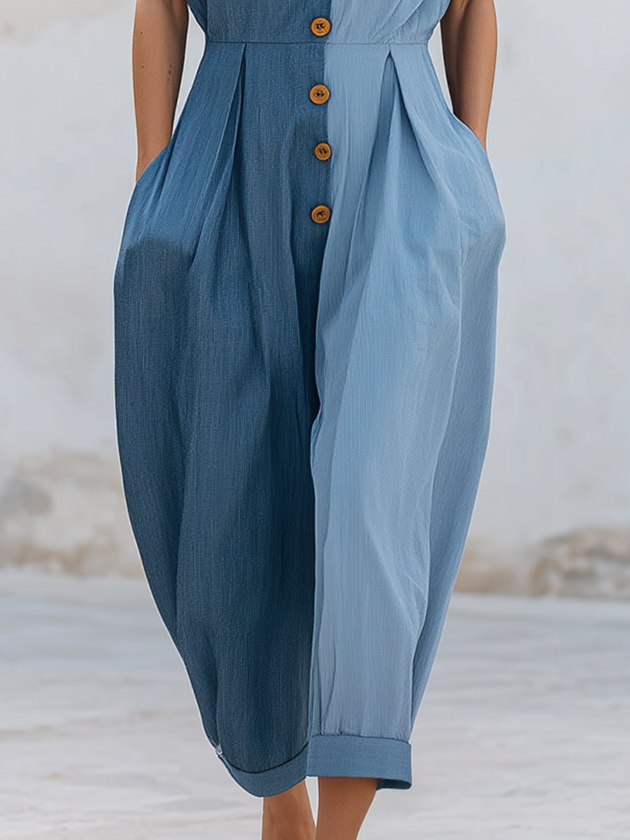 Two-Tone Sleeveless Button-Front Wide-Leg Jumpsuit