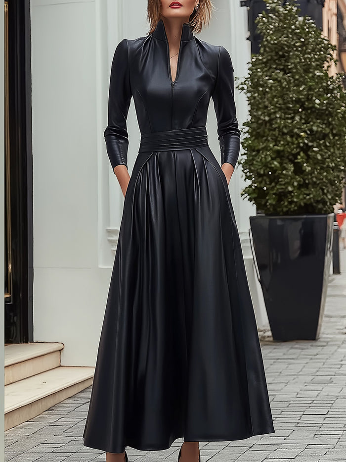 Black Faux Leather Pleated Maxi Dress