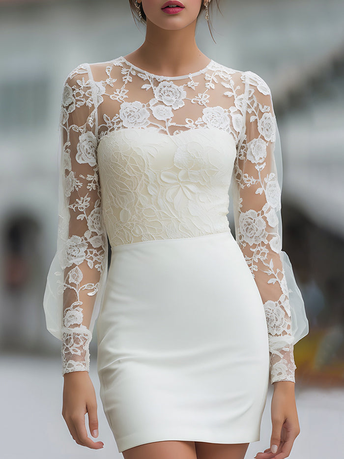 Floral Lace Sheer-Sleeve Bodycon Mini Dress
