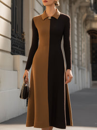 Two-Tone Knit Midi Dress With Collar Detail