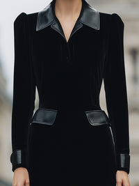 Black Velvet Midi Dress With Leather Accents