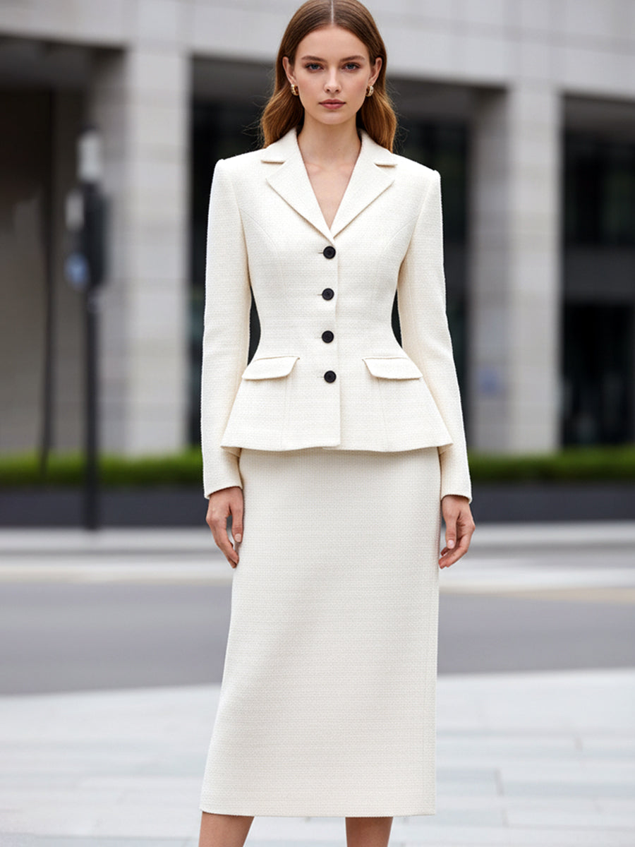 Chic Ivory Peplum Blazer And Skirt Set