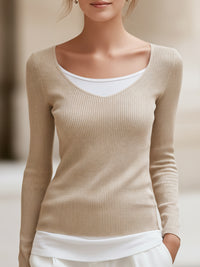 Sand Beige Ribbed V-Neck Knit Top With Layered Lining Design