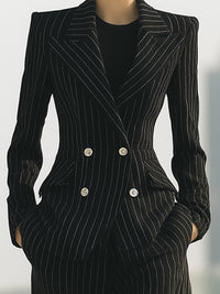 Pinstripe Double-Breasted Blazer And Wide-Leg Pants Set