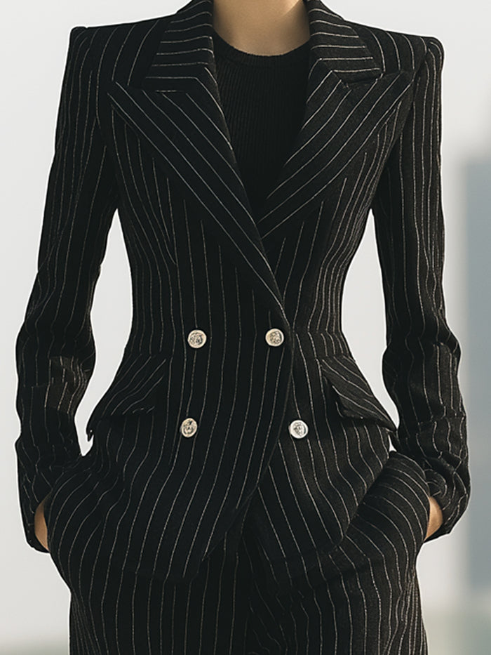 Pinstripe Double-Breasted Blazer And Wide-Leg Pants Set
