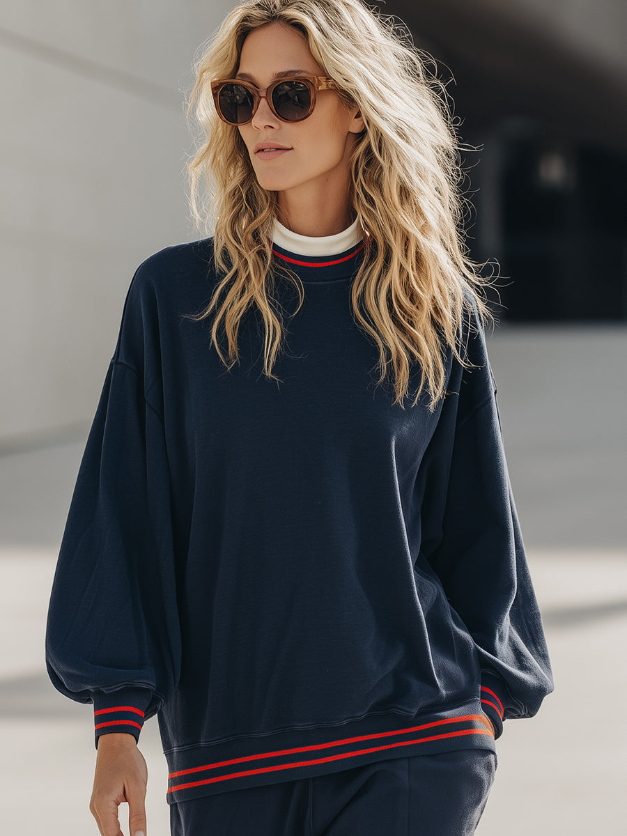 Modern Navy Puff-Sleeve Knit Sweatshirt