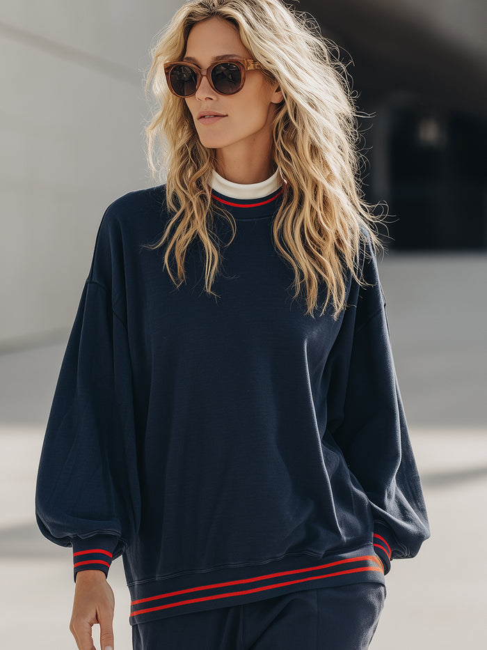 Modern Navy Puff-Sleeve Knit Sweatshirt