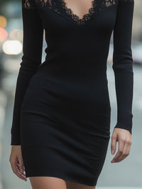 Black Lace-Trimmed Knit Bodycon Dress