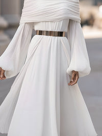 Elegant Draped High-Neck Chiffon Midi Dress With Pleated Cape Detail
