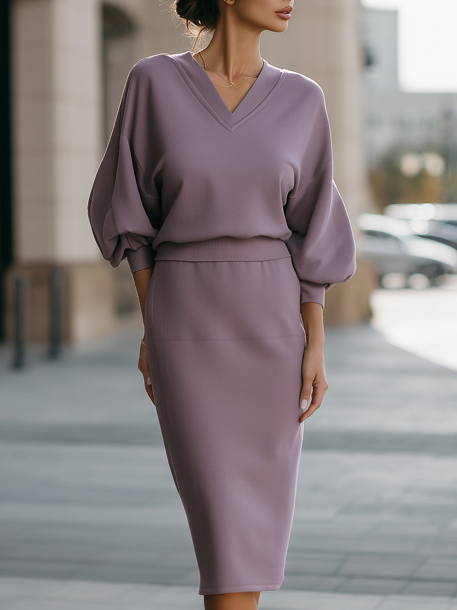 V-Neck Blouson Sleeve Knit Top & Midi Skirt Set