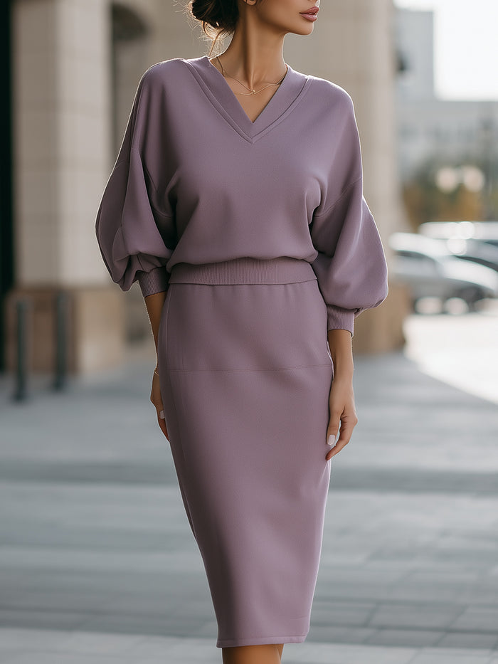 V-Neck Blouson Sleeve Knit Top & Midi Skirt Set
