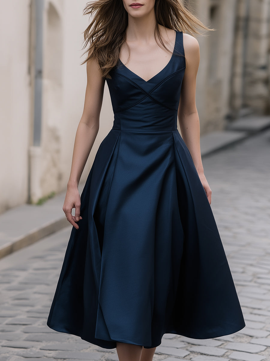 V-Neck Cross-Bodice Sculpted A-Line Midi Dress