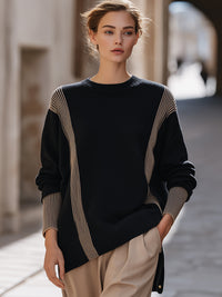 Striped Color-Blocked Ribbed Knit Sweater