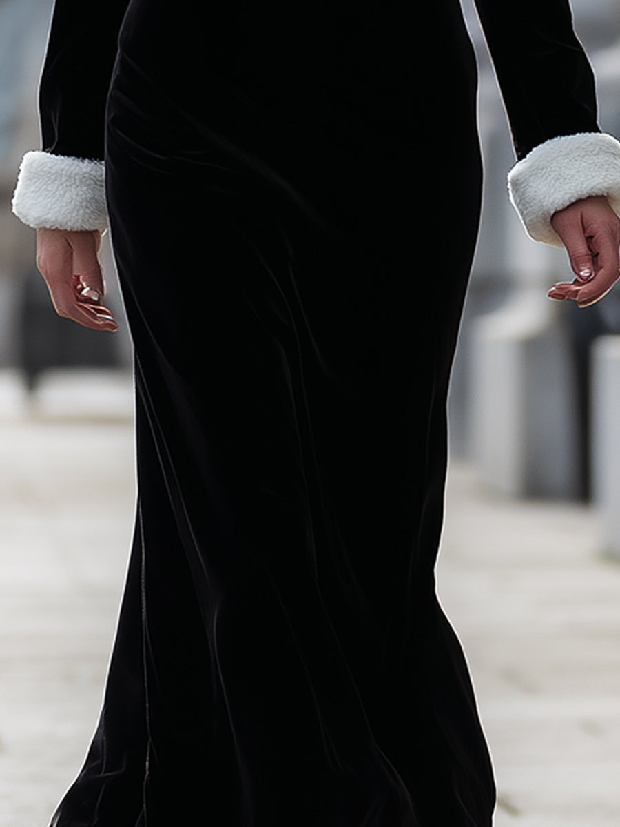 Velvet Square Neck Dress With White Trim